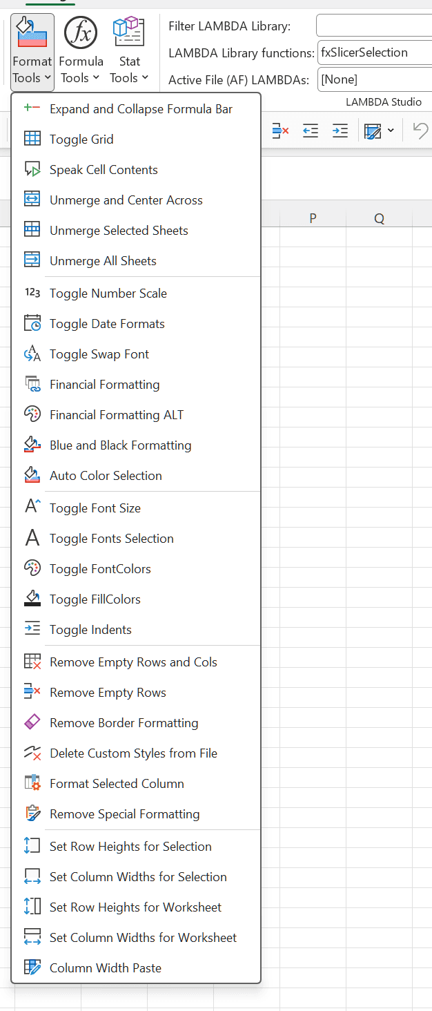 The Format Tools menu: expand and collapse the formula bar, toggle grid, speak cell contents, unmerge and center across, unmerge selected sheets and unmerge all sheets; toggle number scale, date formats and swap font; financial formatting, financial formatting ALT, blue and black formatting and auto colour selection; toggles for font size, font selection, font colours, fill colours and indents; remove empty rows and columns, remove empty rows, remove border formatting, delete custom styles from file, format selected column and remove special formatting; and set row heights or column widths for the selection or the whole worksheet, plus column width paste.