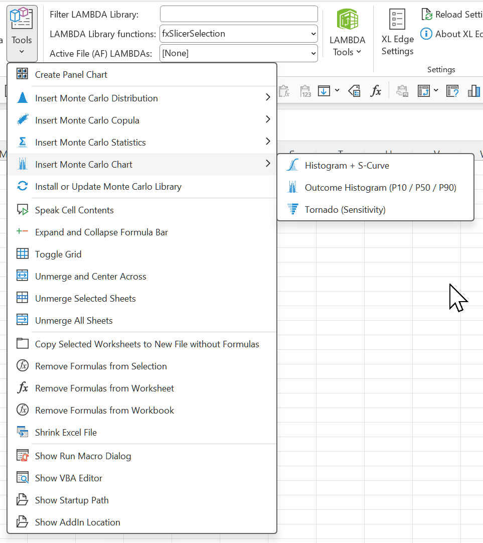 The XL Edge Tools menu open on Insert Monte Carlo Chart. The fly-out lists Histogram + S-Curve, Outcome Histogram (P10 / P50 / P90) and Tornado (Sensitivity).