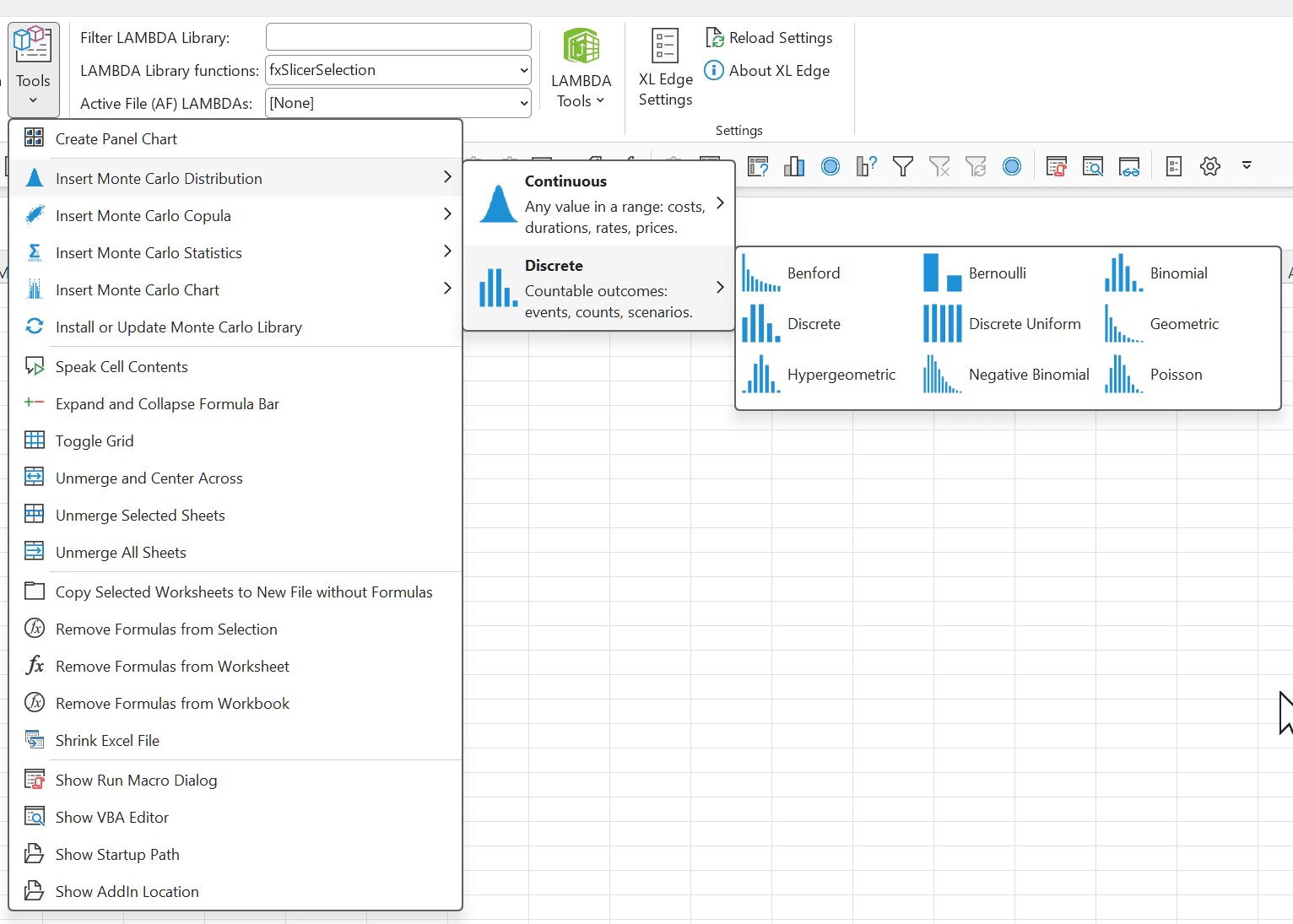 The XL Edge Tools menu open on Insert Monte Carlo Distribution with the Discrete group expanded to nine distributions, each with a small bar chart of its shape: Benford, Bernoulli, binomial, discrete, discrete uniform, geometric, hypergeometric, negative binomial and Poisson.