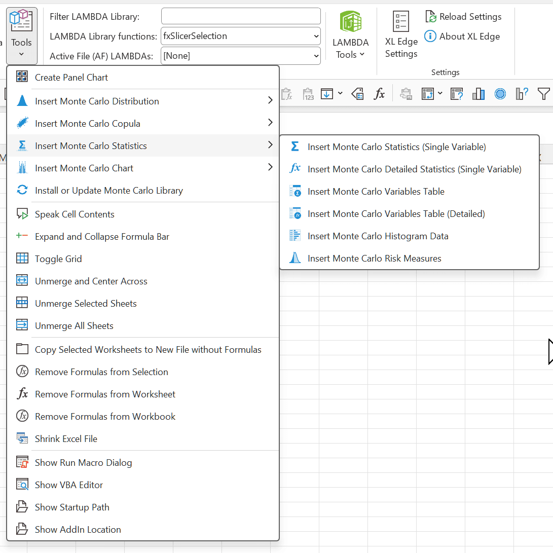 The XL Edge Tools menu open on Insert Monte Carlo Statistics. The fly-out lists Insert Monte Carlo Statistics (Single Variable), Insert Monte Carlo Detailed Statistics (Single Variable), Insert Monte Carlo Variables Table, Insert Monte Carlo Variables Table (Detailed), Insert Monte Carlo Histogram Data and Insert Monte Carlo Risk Measures.
