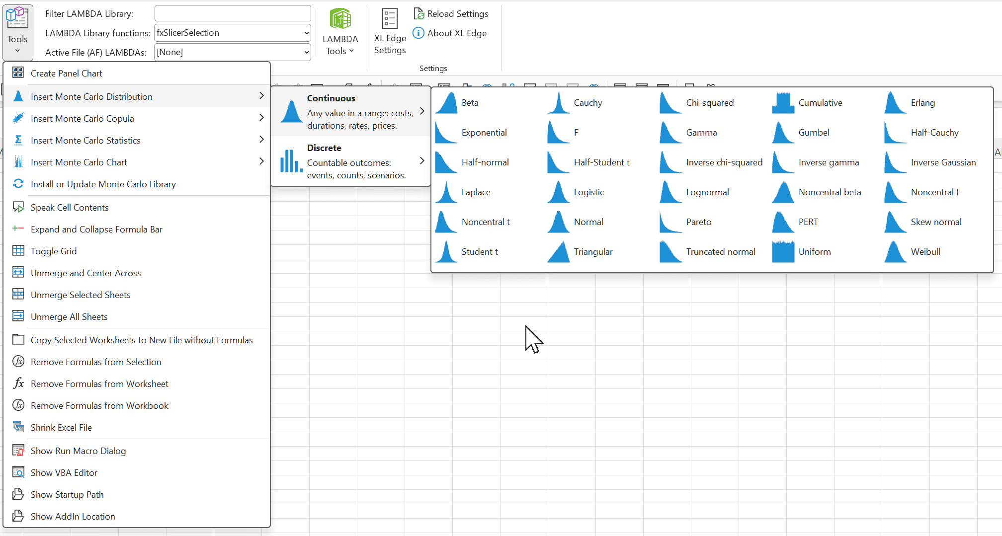 The XL Edge Tools menu open on Insert Monte Carlo Distribution, between Create Panel Chart and the other Monte Carlo items: Insert Monte Carlo Copula, Insert Monte Carlo Statistics, Insert Monte Carlo Chart and Install or Update Monte Carlo Library. The distribution fly-out offers Continuous and Discrete groups; Continuous is expanded to a grid of thirty distributions, each with a small chart of its shape: beta, Cauchy, chi-squared, cumulative, Erlang, exponential, F, gamma, Gumbel, half-Cauchy, half-normal, half-Student t, inverse chi-squared, inverse gamma, inverse Gaussian, Laplace, logistic, lognormal, noncentral beta, noncentral F, noncentral t, normal, Pareto, PERT, skew normal, Student t, triangular, truncated normal, uniform and Weibull.