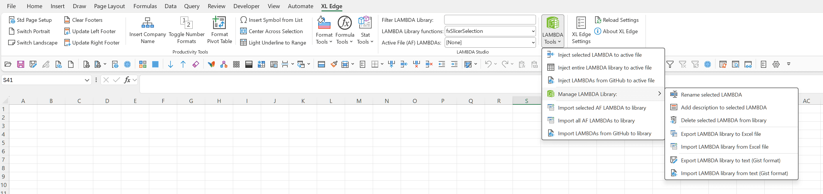 The XL Edge tab with the LAMBDA Tools menu open: inject the selected LAMBDA or the entire library into the active file, or inject LAMBDAs from GitHub; import the selected or all active-file LAMBDAs into the library, or import from GitHub; and the Manage LAMBDA Library submenu, open, with rename, add a description to, or delete the selected LAMBDA, export or import the library as an Excel file, and export or import it as text in gist format.