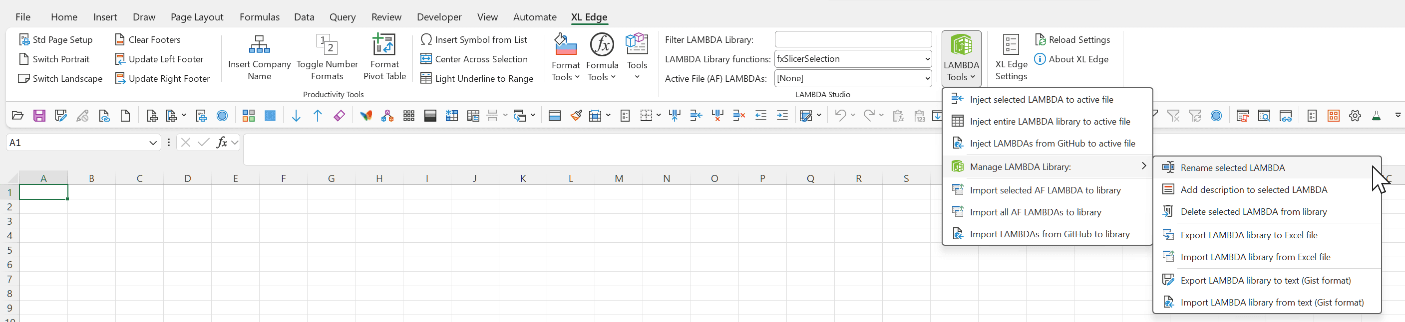 The XL Edge tab in the Excel ribbon, showing a LAMBDA Studio group with a searchable function library and dropdowns, a Productivity Tools group, and the open LAMBDA Tools menu with its Manage LAMBDA Library submenu of options to inject, rename, describe, delete, import and export LAMBDA functions.