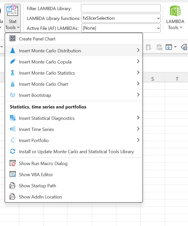 The Stat Tools menu: create panel chart; insert a Monte Carlo distribution, copula, statistics or chart, and insert bootstrap, each opening a fly-out; then, under Statistics, time series and portfolios, insert statistical diagnostics, time series or portfolio, each a fly-out; install or update the Monte Carlo and statistical tools library; and show the run macro dialog, the VBA editor, the startup path and the add-in location.