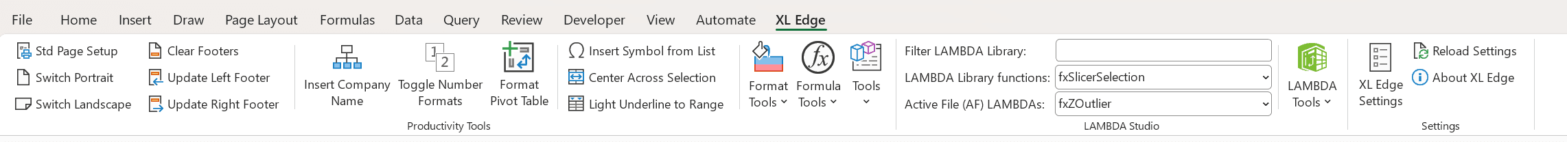 The XL Edge tab in the Excel ribbon: a Productivity Tools group with page setup, footer and pivot commands and the Format Tools, Formula Tools and Tools menus; a LAMBDA Studio group with a filter box and dropdowns for the stored library and the LAMBDAs in the active file; and a Settings group.