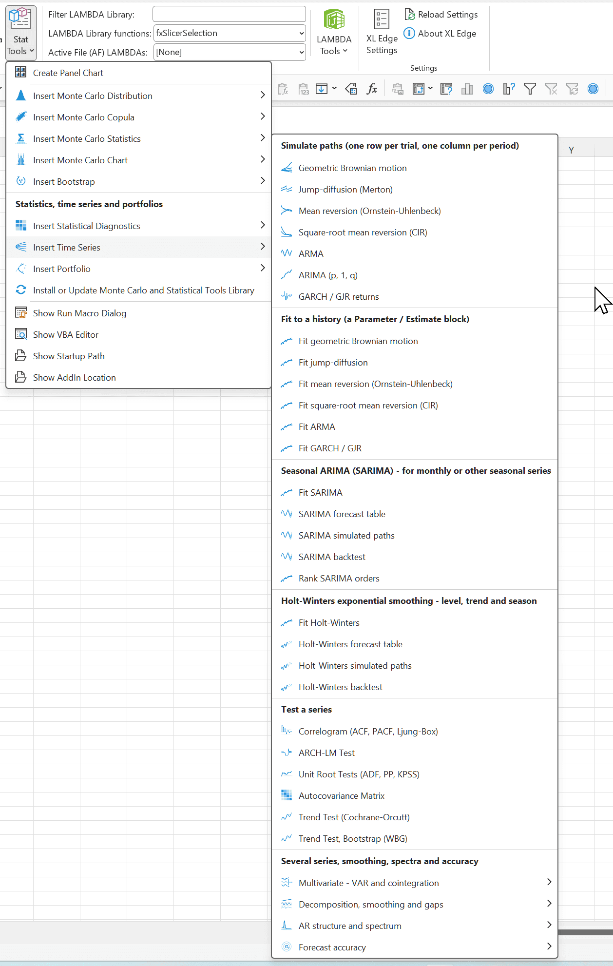The XL Edge Stat Tools menu open on Insert Time Series. The fly-out has six groups: simulate paths (seven models); fit to a history (a fit for six of them); seasonal ARIMA (fit, forecast table, simulated paths, backtest, rank orders); Holt-Winters exponential smoothing (fit, forecast table, simulated paths, backtest); test a series (correlogram, ARCH-LM, unit root tests, autocovariance matrix and two trend tests); and four sub-menus for several series, smoothing, spectra and accuracy: Multivariate - VAR and cointegration, Decomposition smoothing and gaps, AR structure and spectrum, and Forecast accuracy.