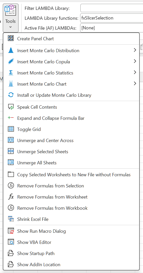 The Tools menu: create panel chart; insert a Monte Carlo distribution, copula, statistics or chart, each opening a fly-out, and install or update the Monte Carlo library; speak cell contents and expand and collapse the formula bar; toggle grid, unmerge and centre across, unmerge selected sheets and unmerge all sheets; copy selected worksheets to a new file without formulas; remove formulas from the selection, worksheet or workbook; shrink Excel file; and show the run macro dialog, the VBA editor, the startup path and the add-in location.