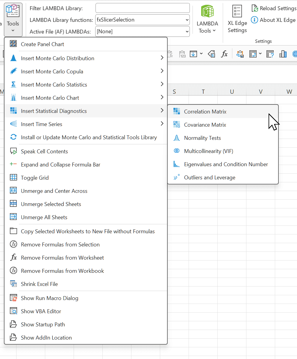 The XL Edge Tools menu open on Insert Statistical Diagnostics. The fly-out lists Correlation Matrix, Covariance Matrix, Normality Tests, Multicollinearity (VIF), Eigenvalues and Condition Number, and Outliers and Leverage.